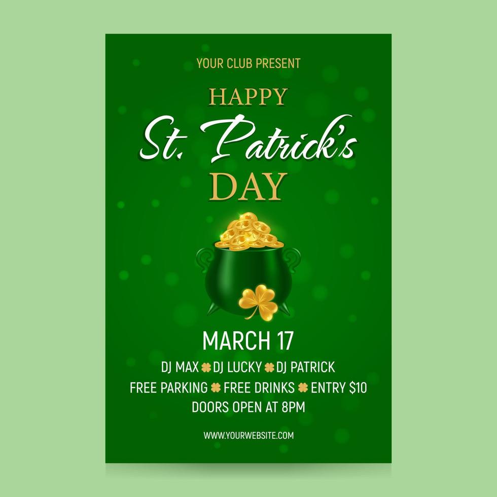 St. Patricks Day party invitation. Cauldron with golden shiny coins on a green background, advertising text. Happy St Patrick day background. Vector illustration.