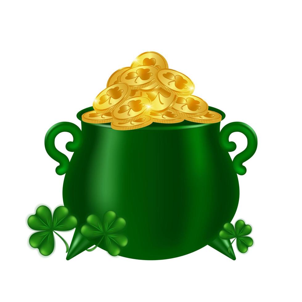 Leprechaun's magical pot full of gold coins. Cauldron with gold and shamrocks on a white background. Symbol of good luck and wealth for St. Patrick's Day. Vector illustration.