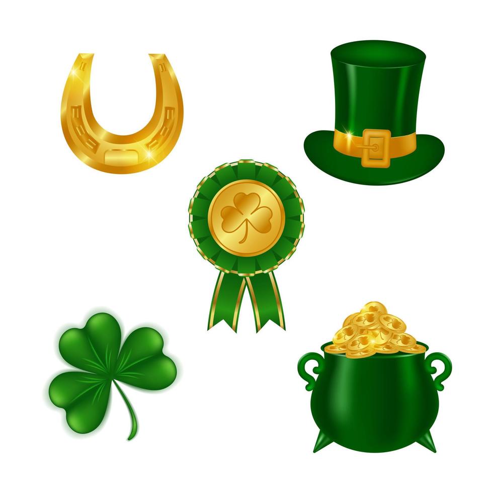 conjunto de diseños para st. día de San Patricio. sombrero de duende. trébol, herradura, olla de oro, premio de cinta. conjunto de iconos ilustración vectorial vector