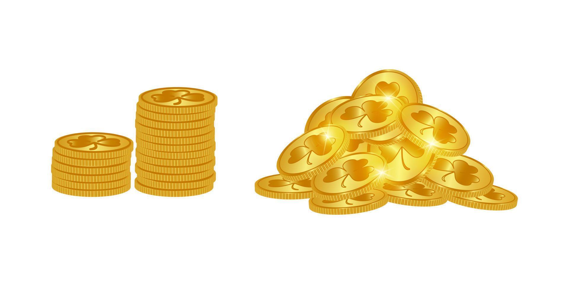 Gold coins isolated on white background. Pile and stack of golden coins with clover. Vector illustration.
