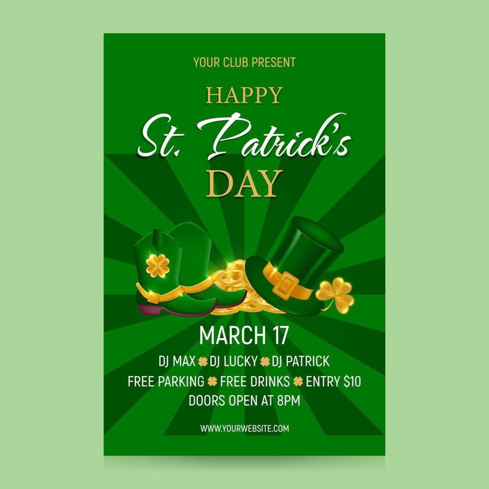 Vertical St. Patricks Day invitation template. Background with Leprechaun hat and boots, golden coins and shamrock on green. Vector illustration.