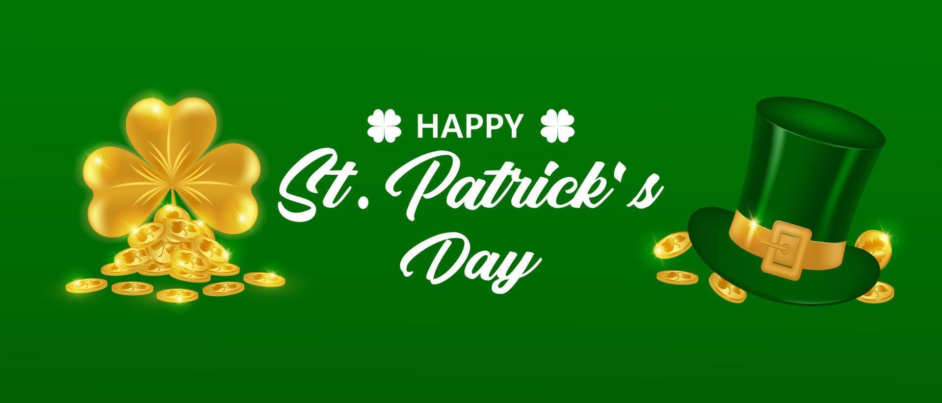 Banner Happy St. Patricks Day. Festive design for greeting card, poster, banner. Leprechaun hat with gold shamrock and gold coins. Vector illustration.