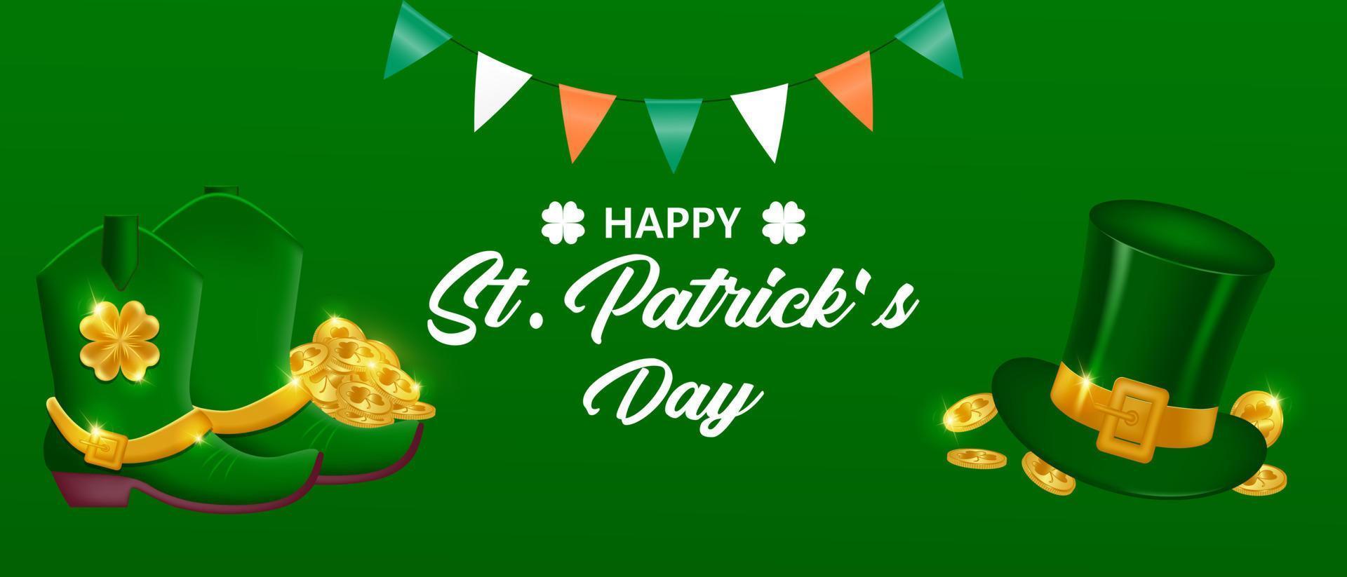 St. Patricks Day horizontal banner design. Background for postcard, poster, banner. Leprechaun hat, gold coins and Leprechaun shoes. Vector illustration.