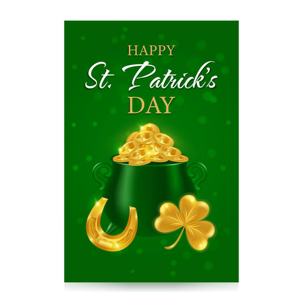 Vertical template Happy St. Patricks Day. Festive design for greeting card, flyer, poster, banner. Gold shamrock, horseshoe, cauldron with gold coins. Vector illustration.