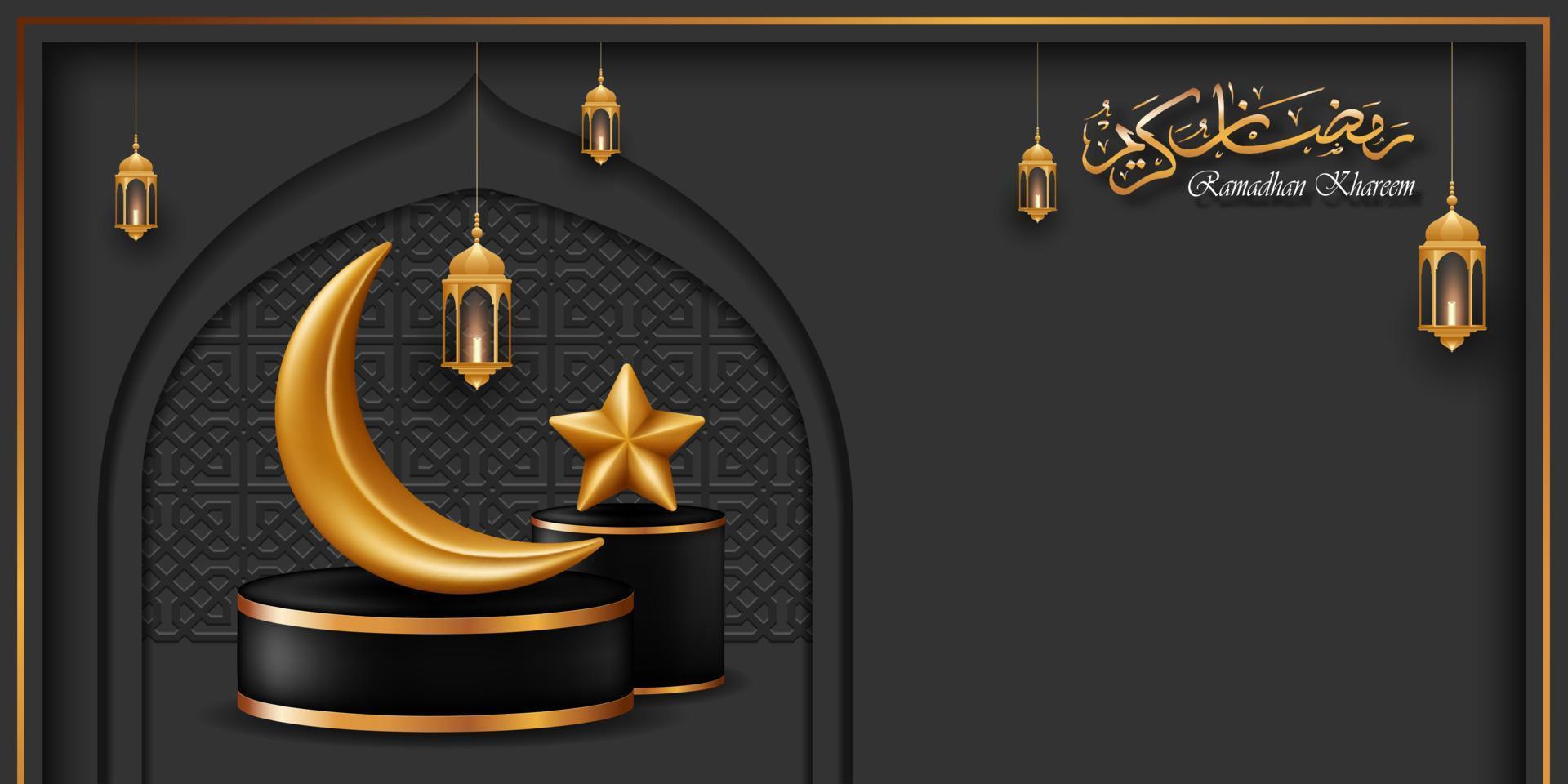 ramadan kareem banner. Islamic greeting card with golden decoration, moon. stars, lantern and podium, isolated on black luxury background. 3d vector illustration