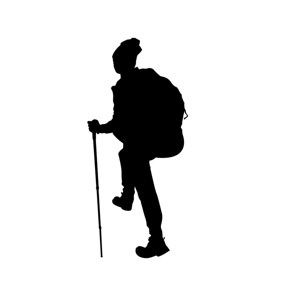 Hiker Silhouettes. hiking man with rucksacks silhouette. People with backpack vector silhouettes. Backpacker. mountaineer climber hiker people.