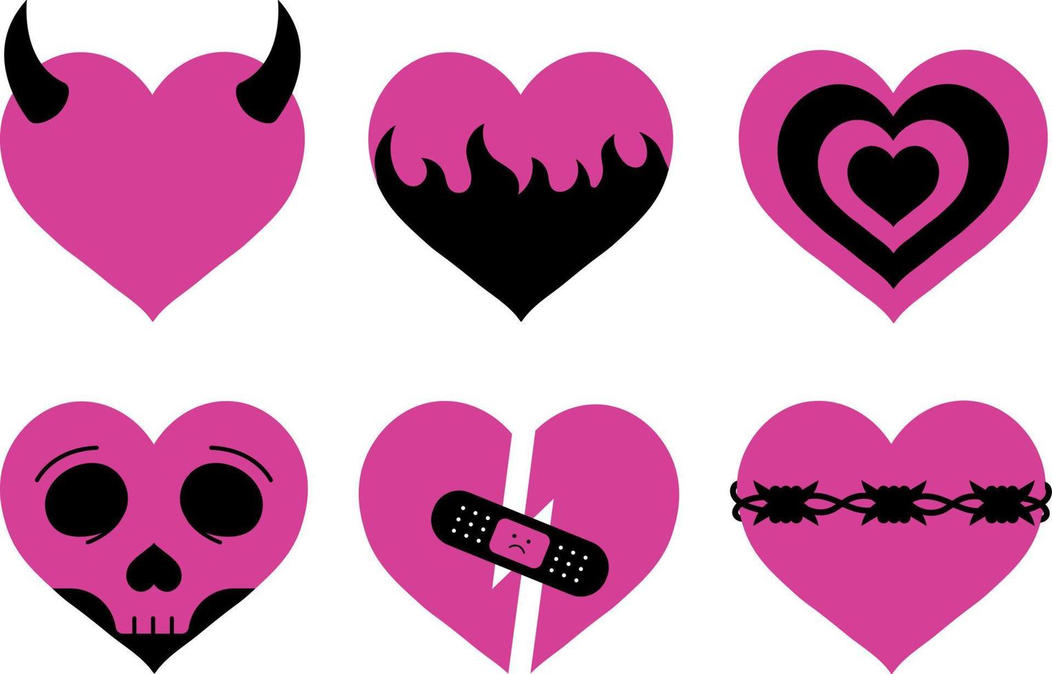 Vector black and pink stylish hearts y2k style, emo love collection