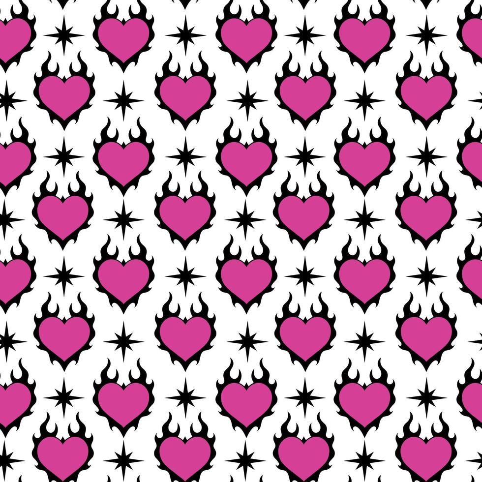 Emo  goth semless pattern with heart in flame and stars. Y2k wallpaper, fabric, background, print. 90s, 00's heart shaped graphic in glam style vector