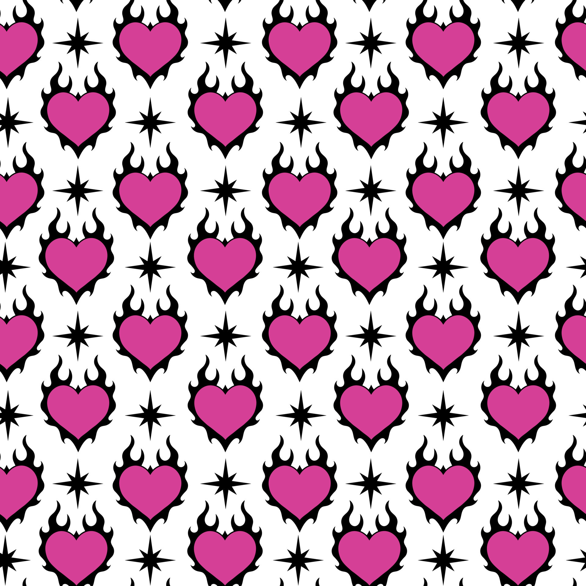 Emo goth semless pattern with heart in flame and stars. Y2k wallpaper ...