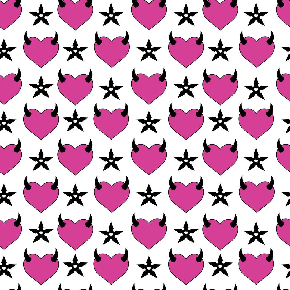 Emo  goth semless patternwith devil heart and shuriken.Y2k wallpaper, fabric, background, print. 90s, 00's heart shaped graphic in glam style vector