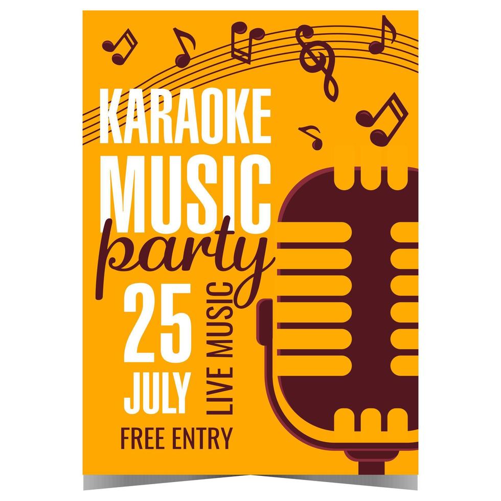 Karaoke music party invitation poster. Vector design template for advertising of night disco club with live music and karaoke. Promo banner or flyer with musical notes and microphone on background.