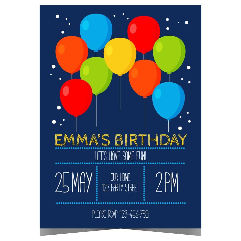 Children's birthday invitation card with colourful balloons. Vector design template of poster or flyer for kids birthday celebration party suitable for boy and girl. Ready to print illustration.