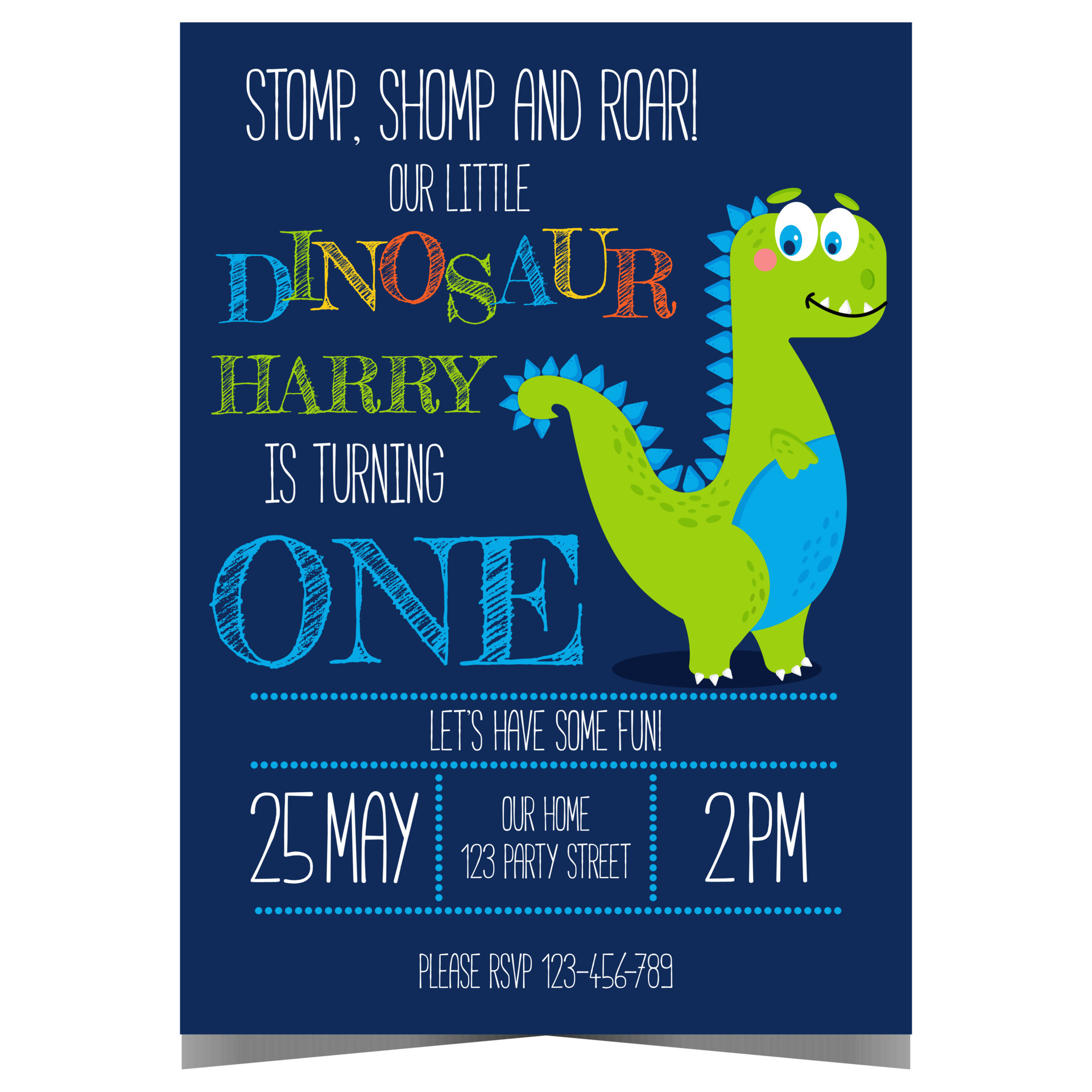 Dinosaur birthday party invitation vector template. Children's birthday celebration poster