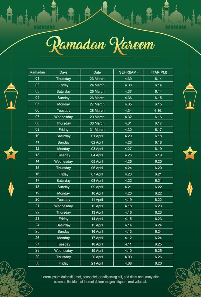 plantilla de calendario islámico de ramadán kareem y horario de sehri ifter vector