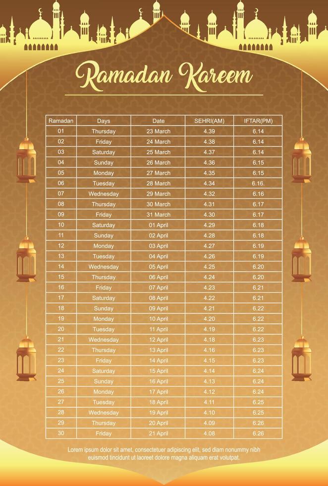 ramadan kareem islamic calendar template and sehri ifter time schedule vector