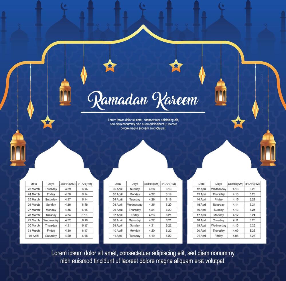 ramadan kareem islamic calendar template and sehri ifter time schedule vector