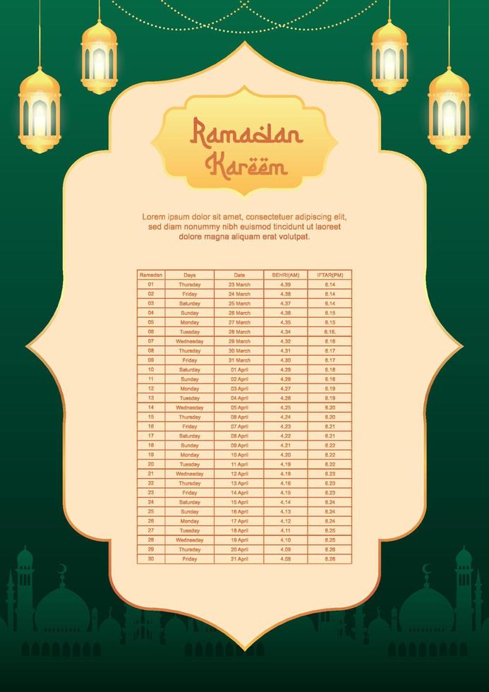 Ramadan kareem islamic calendar template and sehri ifter time schedule Bangladesh date and time vector