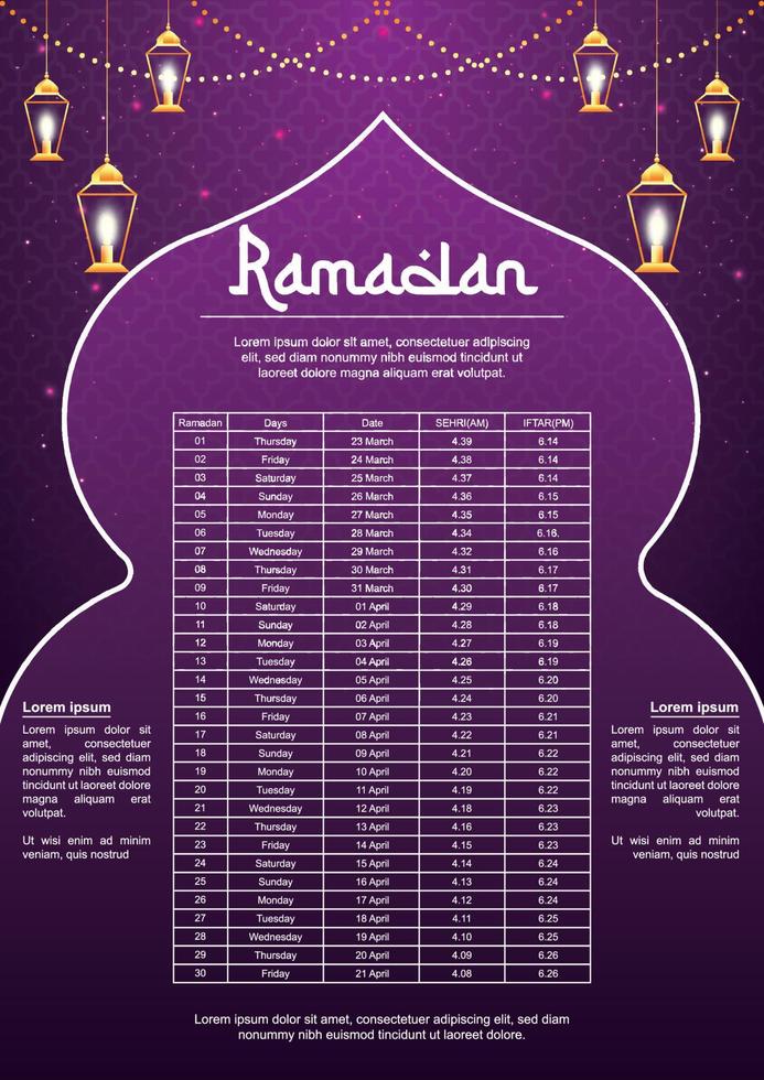 Ramadan kareem islamic calendar template and sehri ifter time schedule Bangladesh date and time vector