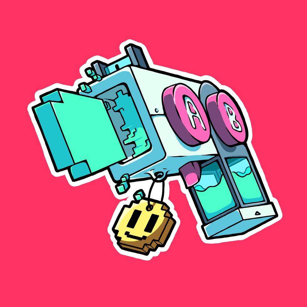 vector illustration with the image of a gun shooting pixel bullets. this image is great for stickers.