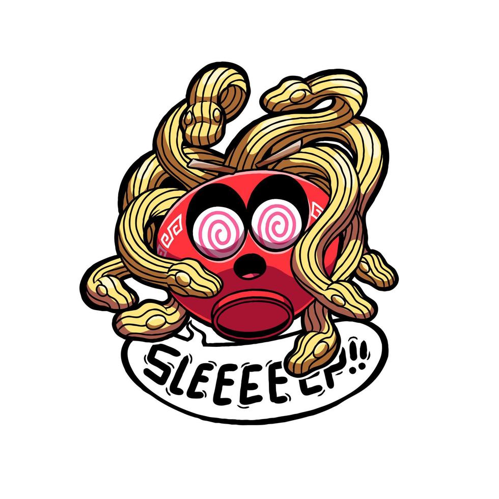 vector illustration with the image of a ramen monster who likes to hypnotize someone. This image is great for a sticker or t-shirt design.
