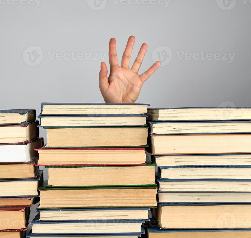 stack of different books on a gray background photo