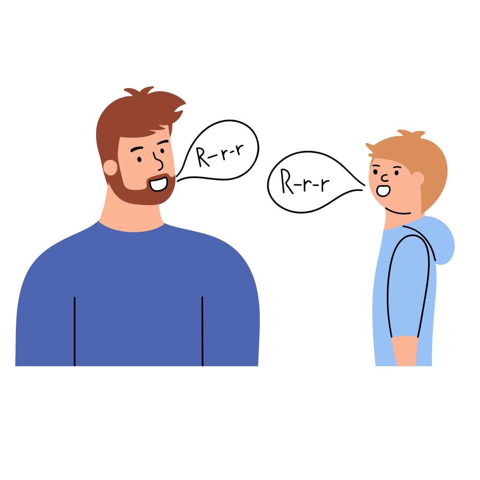 The speech therapist teaches the boy language skills, articulations. A man talks to a child. Vector hand drawn illustration