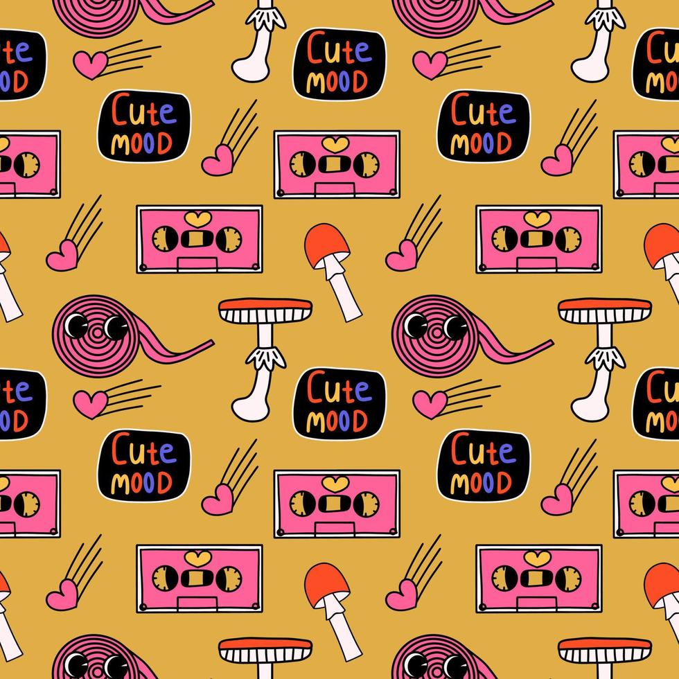 Retro seamless pattern with different cartoon style elements, amanita, audio cassette, chewing gum. Vector illustration