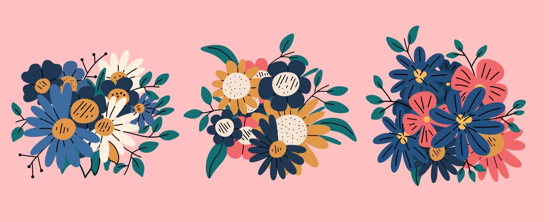 A set of various bouquets of flowers in the style of hand drawing. Design floral decor. Banner, postcard, poster. Vector illustration