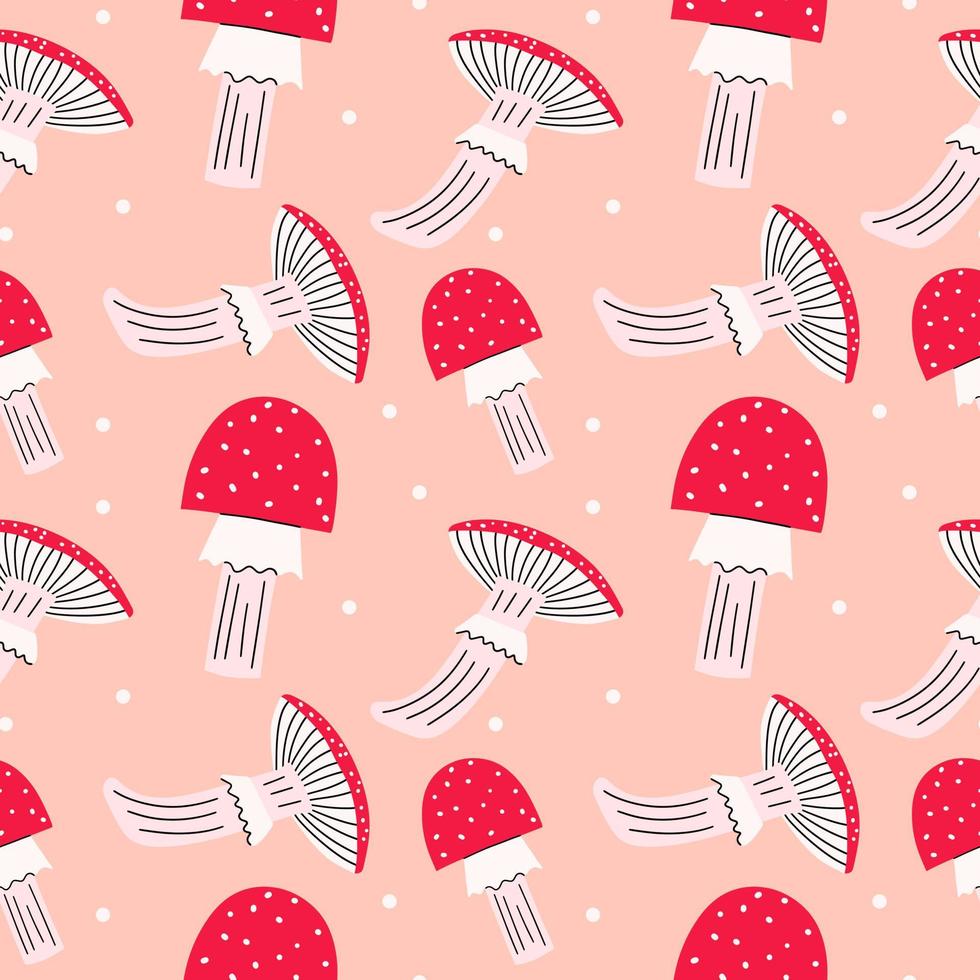 Seamless pattern, background, postcard with red amanita. Vector hand drawn illustration