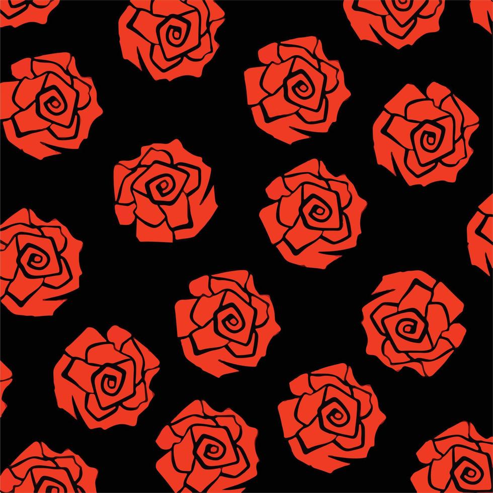 Red rose blooming flowers pattern vector illustration isolated on square black background for social media template cover, paper and scarf textile print, poster, brochure, and backdrop.