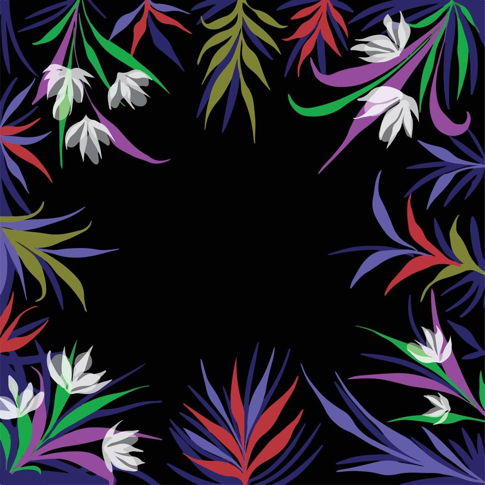 fondo negro con flores botánicas vectoriales y marco de hojas aislado en plantilla cuadrada para portada de plantilla de redes sociales, papel y bufanda, impresión textil, afiche, folleto y telón de fondo. vector
