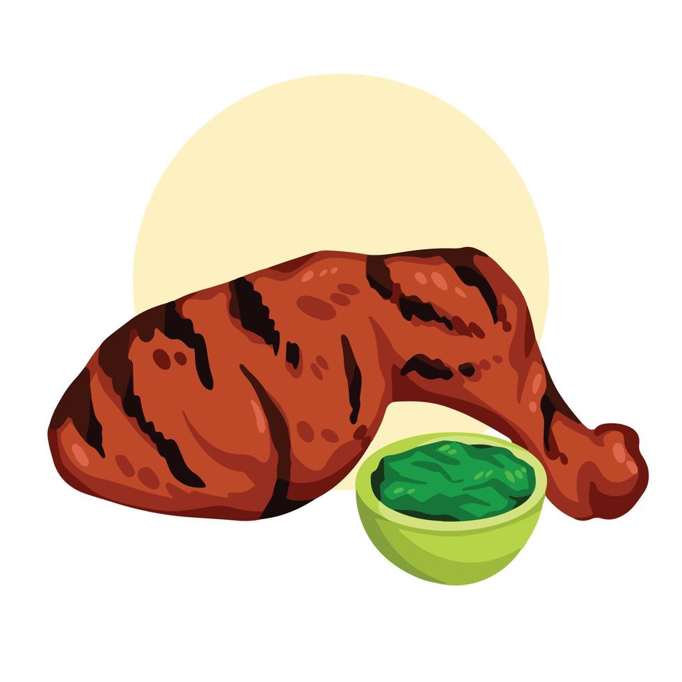 muslo de pollo asado con deliciosa y deliciosa salsa de pesto verde ilustración vectorial aislada en plantilla blanca cuadrada. dibujo de comida gourmet con estilo de arte plano simple de dibujos animados. vector