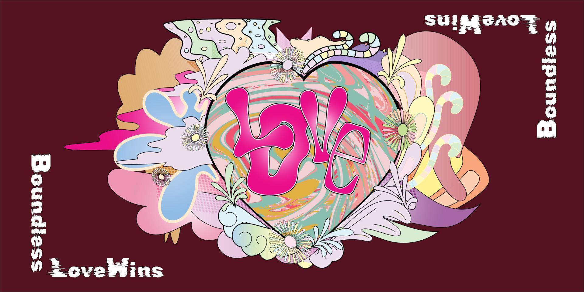 Love is boundless wins equal for everyone on a valentine day created and quoted under a spectrum of bright pastel rainbow with distorted words vector