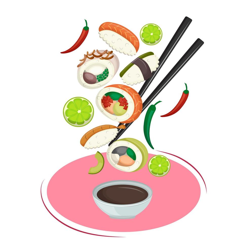 Set of sushi, limes and peppers falling into bowl of soy sauce. Background in the style of Asian traditional cuisine. Vector illustration. Cartoon.