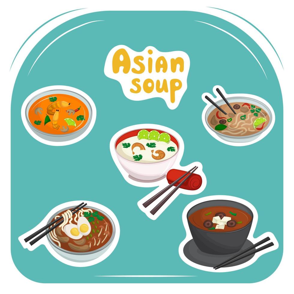 Set of stickers with elements of Asian cuisine on blue background. Soups of the far east. Japanese dishes. Vector illustration.