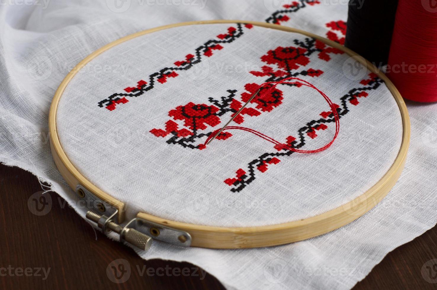 Detail of traditional handmade cross-stitch photo