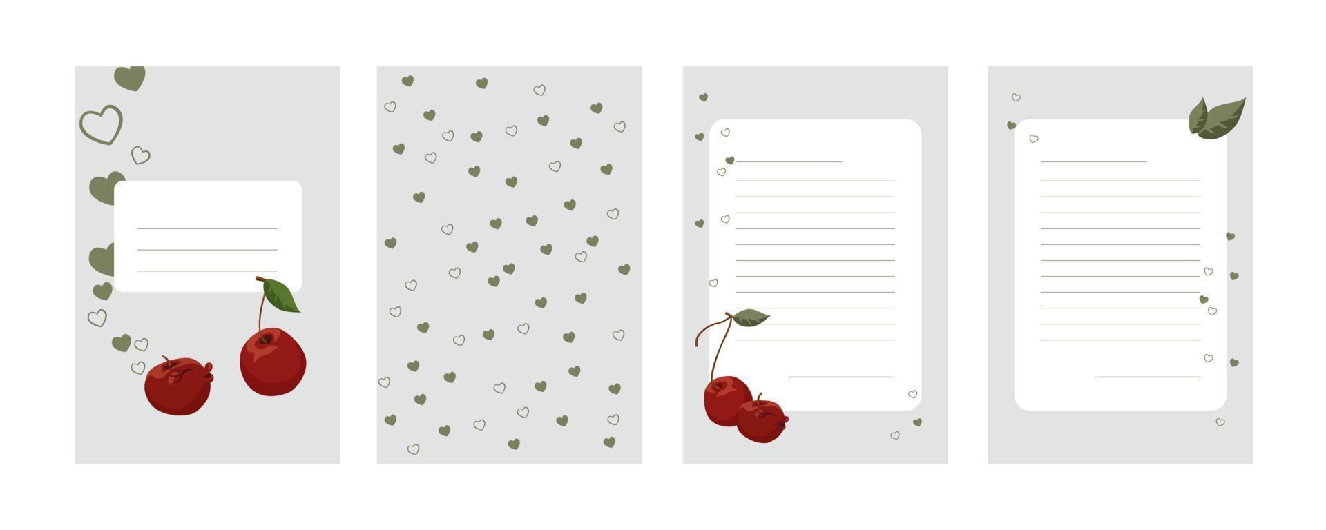 plantilla de diario, portada y página de cuaderno, organizador con espacio para notas ilustración vectorial multicolor con cereza y corazón vector