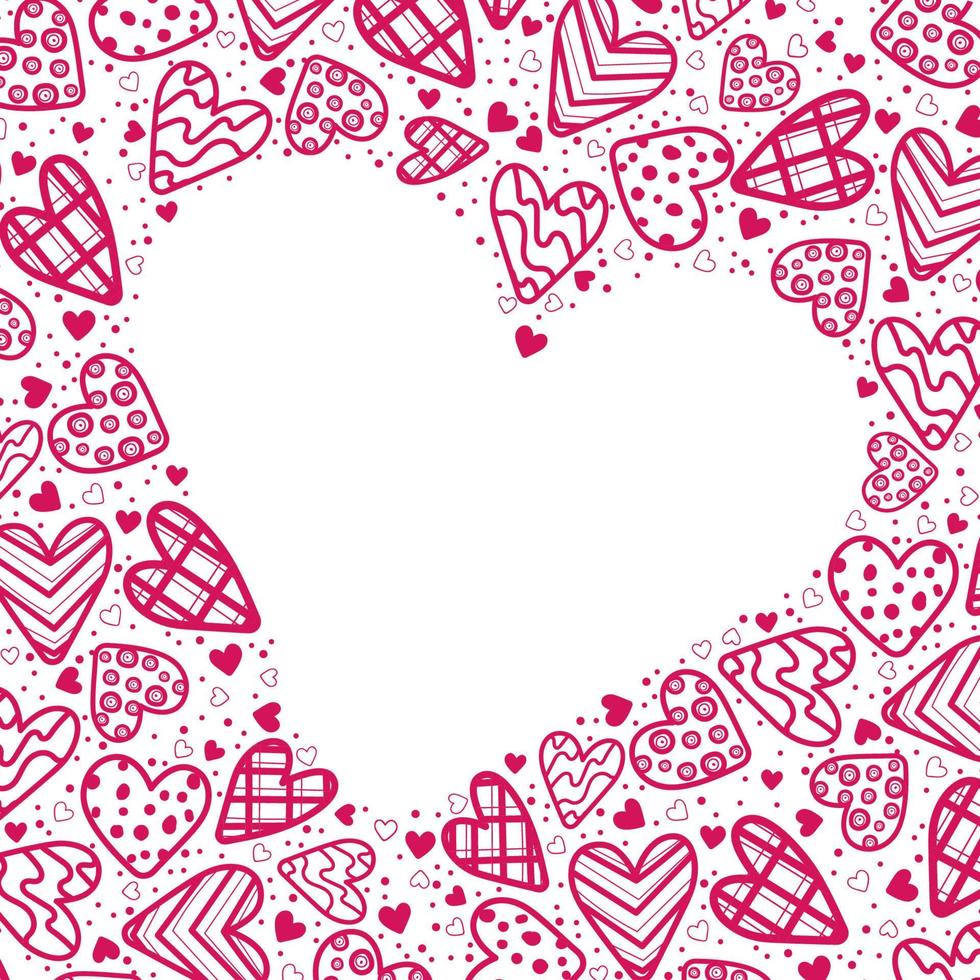 Square postcard model with pattern of pink hearts on white background, place for text in middle vector
