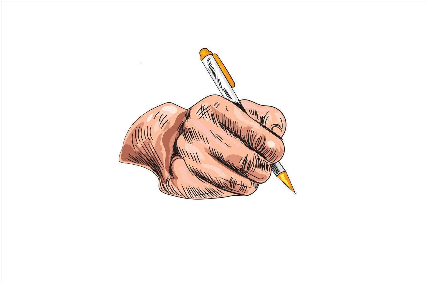 mano con ilustración de vector de pluma, caricatura plana mano sosteniendo pluma aislada en blanco