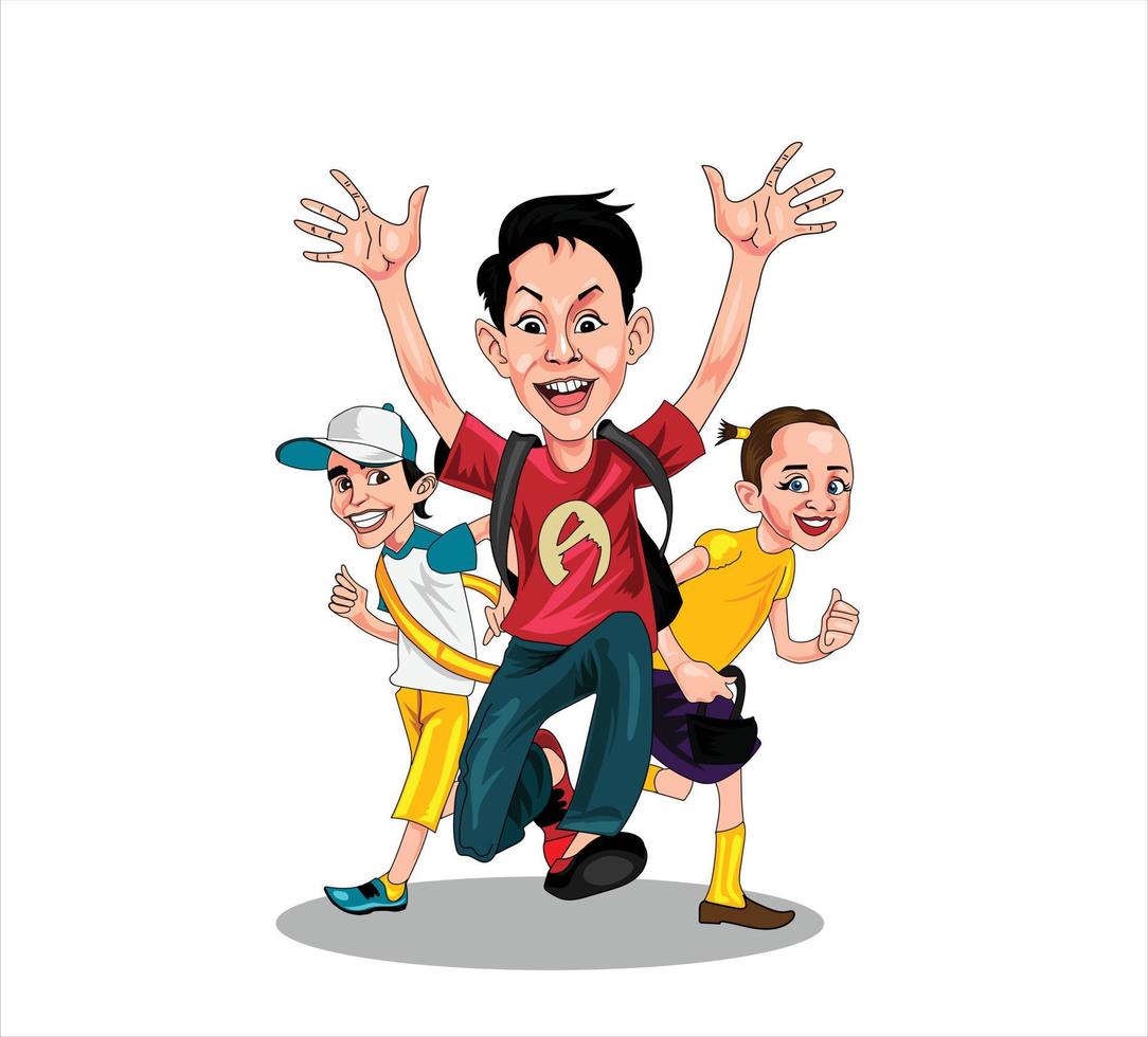 School kids running in elementary school hallway, front view. school out of summer 2 vector illustration