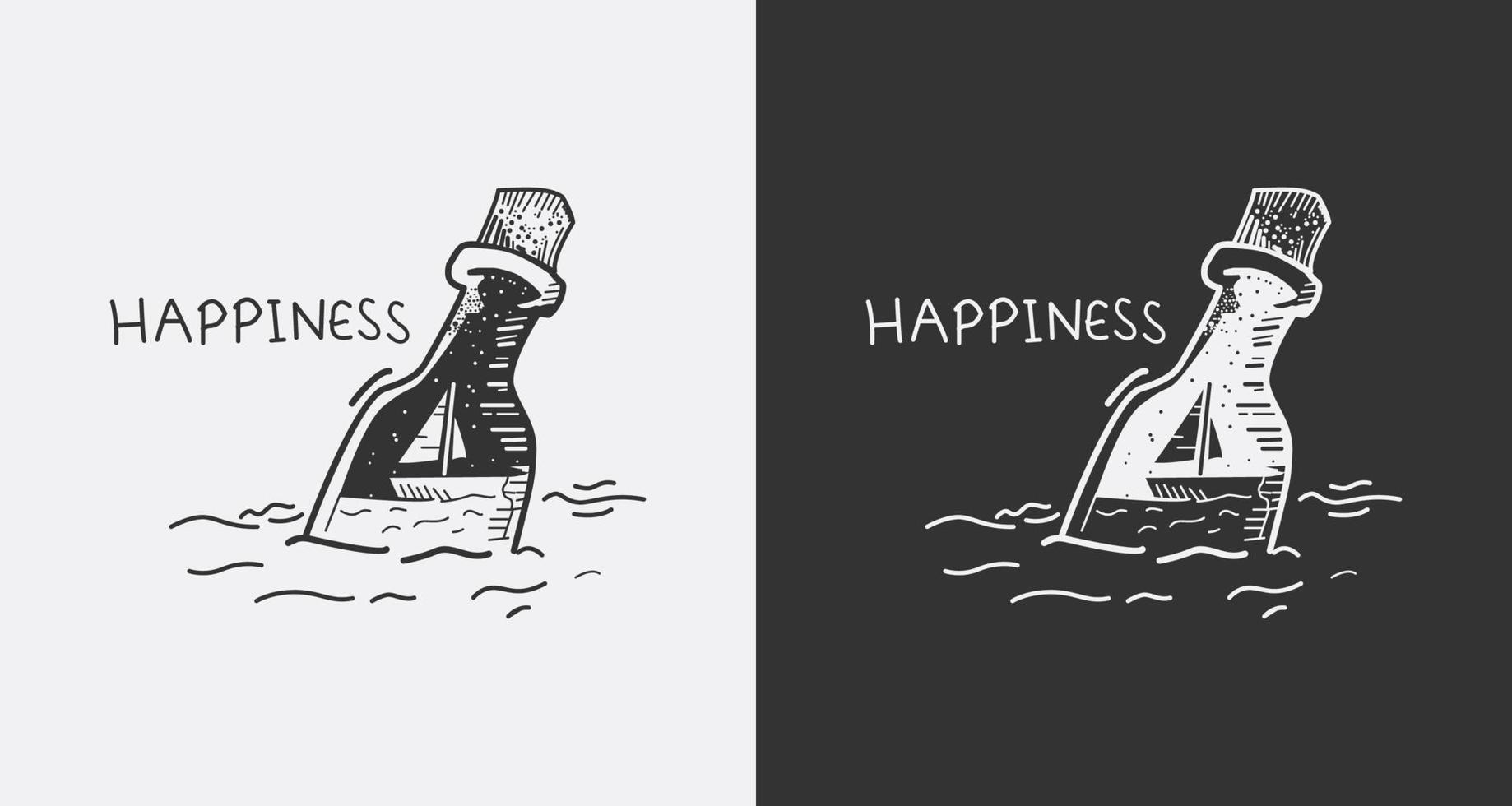 ilustración dibujada a mano sobre el tema del barco de la felicidad en una botella vector