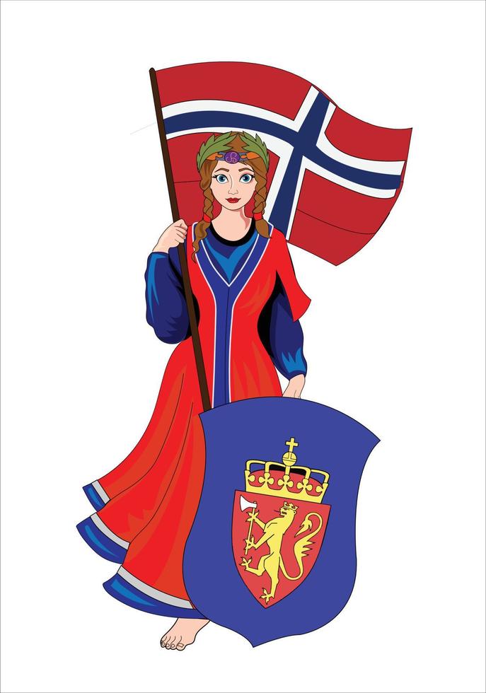 niña noruega sosteniendo la bandera y el escudo ilustración vectorial vector