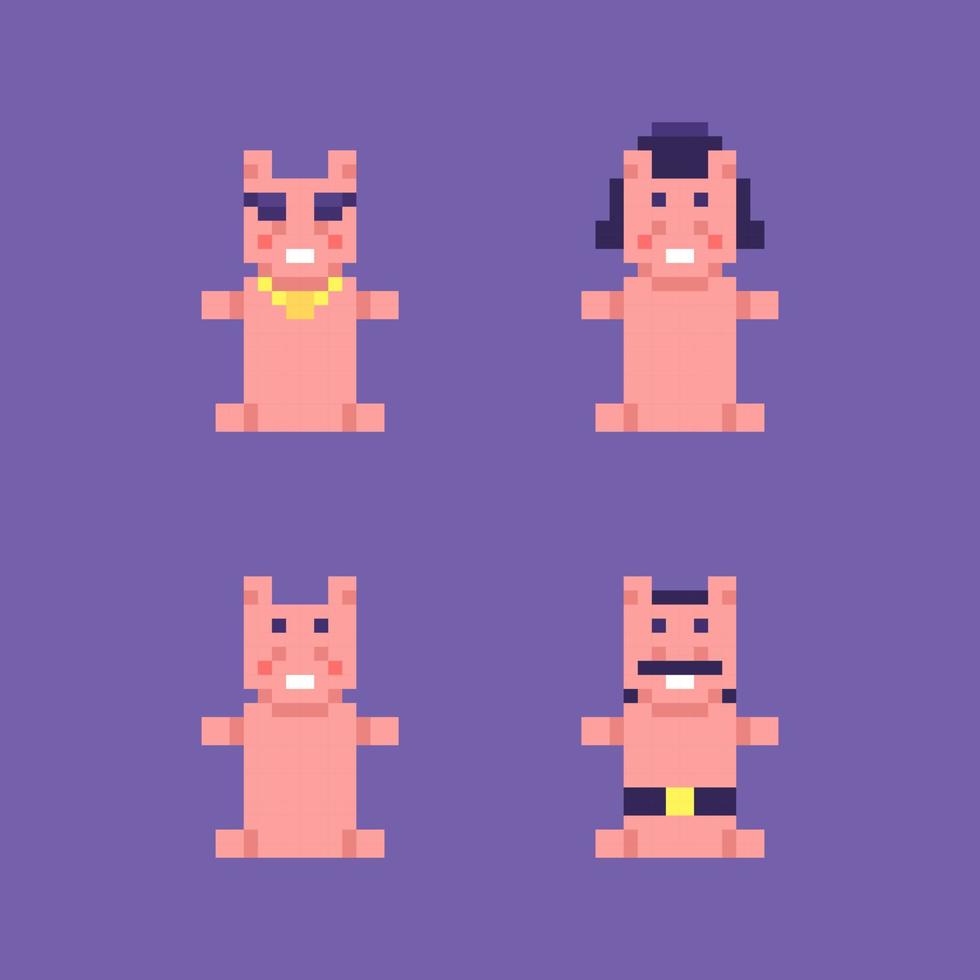 pixel art characters. a collection of a cute, adorable, funny pig. whiskered pig, beautiful pig, slang pig. game design elements and assets vector