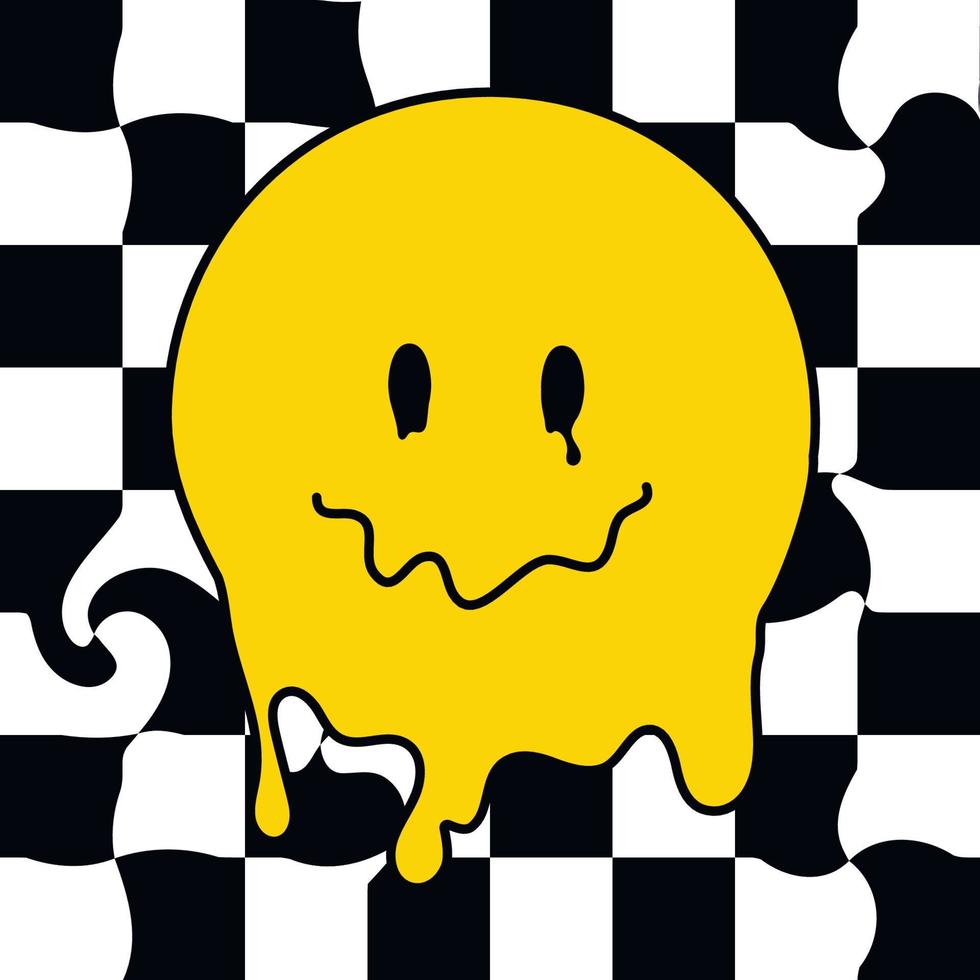Funny psychedelic surreal melt smile face. Melted smiley face, trippy sticker. geometry futuristic, check grid background art. comic acid for poster, graphic tee print, bullet journal cover, card vector