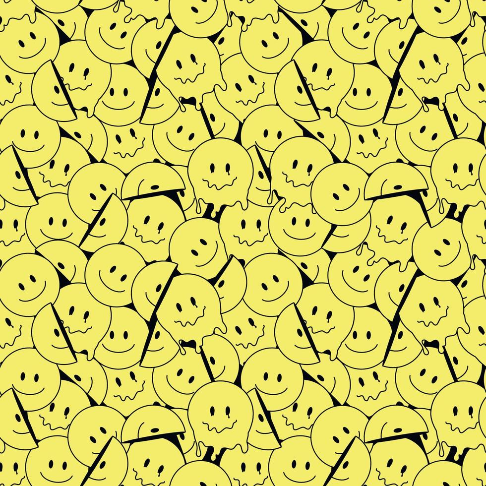 Funny smile crazy melted face seamless pattern art. Vector illustration psychedelic retrro graphic. Positive good vibes smiley faces, acid, high, melt, trip, wallpaper seamless pattern. Y2K aesthetic