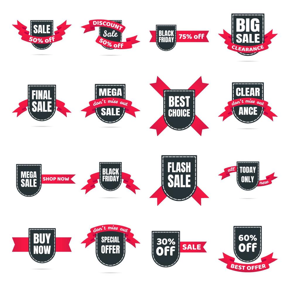 16 shield tag ribbon badge sale label concept template vector illustration isolated on white background set. Sale, black friday, best offer, hot, flash web banners elements for website and advertising