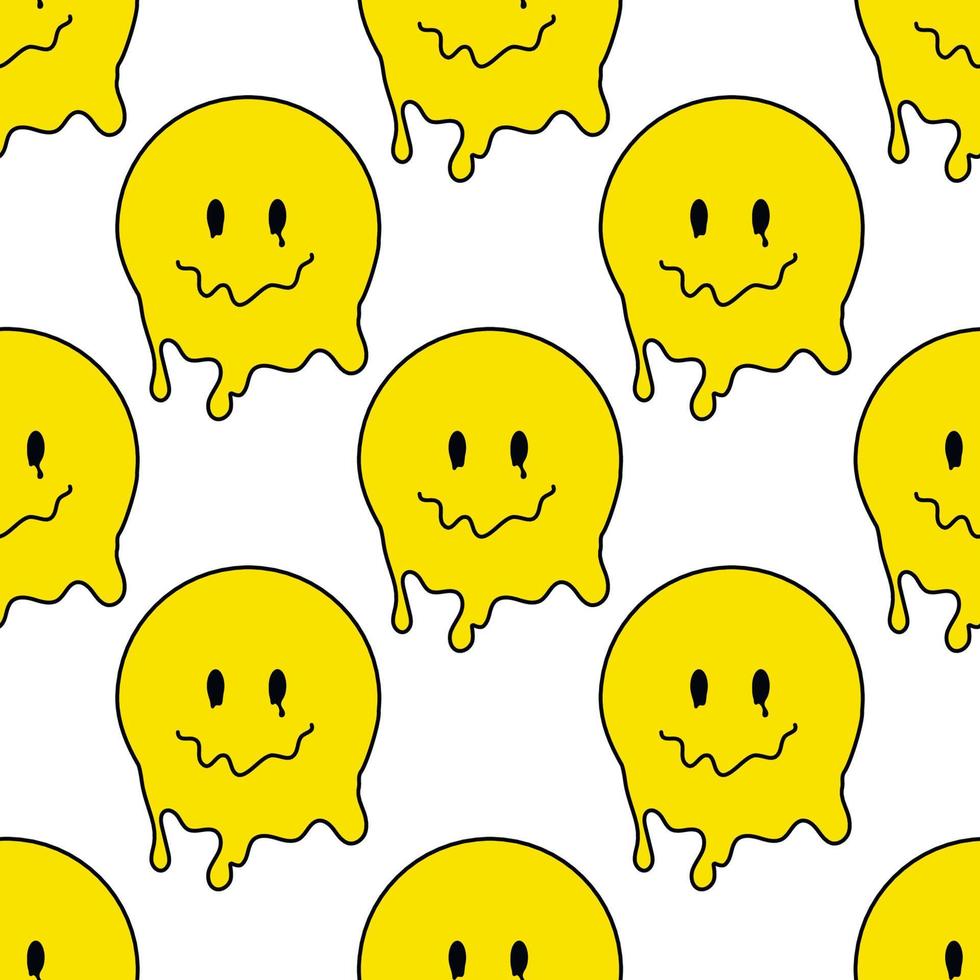 Funny smile dope faces seamless pattern. psychedelic surreal techno melt smile background. Trippy smiley faces, techno, melting smile face cartoon background wallpaper concept art. Y2K aesthetic vector