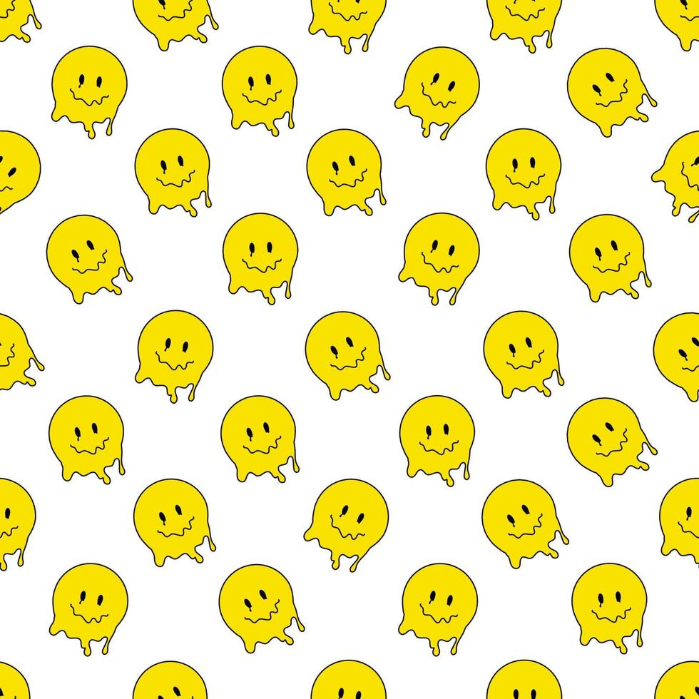 Funny smile dope faces seamless pattern. psychedelic surreal techno melt smile background. Trippy smiley faces, techno, melting smile face cartoon background wallpaper concept art. Y2K aesthetic vector