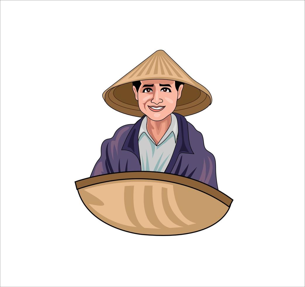 Hombre asiático vendiendo racimos de plátanos en el mercado callejero de hoi vietnam sombrero tradicional hoi vietnam vecto vector