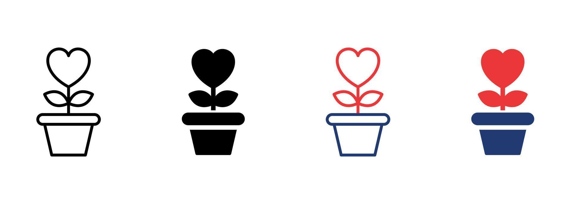Heart Shape Flower in Pot with Leaf Icon. Charity, Love and Romance Symbol Pictogram. Bloom Plant Grow in Flowerpot Icon. Editable Stroke. Isolated Vector Illustration.